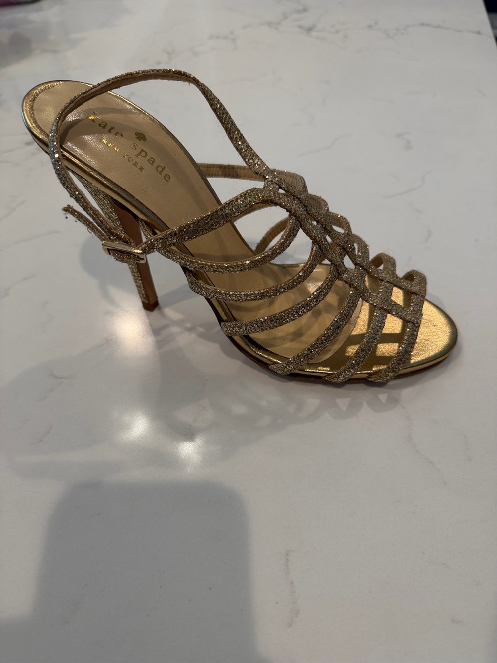 kate spade Metallic Gold Glitter Strappy Stiletto Sandals